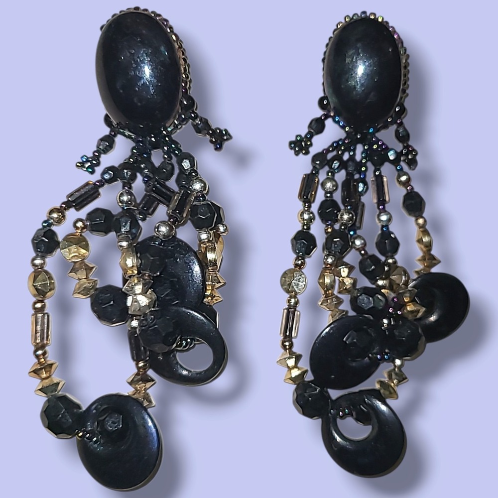 Vintage 80s Chipata Style Beaded Chandelier Dingle Earrings Pierced